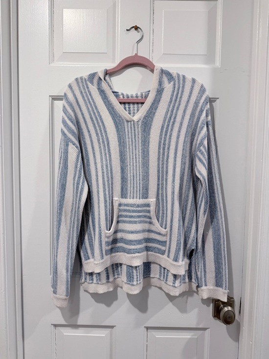 Sweaters - Striped V-Neck Hooded Knit Poncho - Blue & Cream Size - M